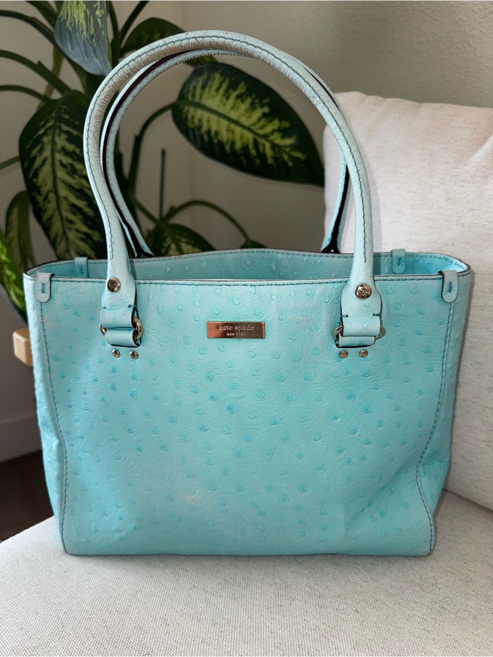 Kate Spade Aqua Blue Ostrich Large Vintage Leather Tote Shoulder Purse Handbag